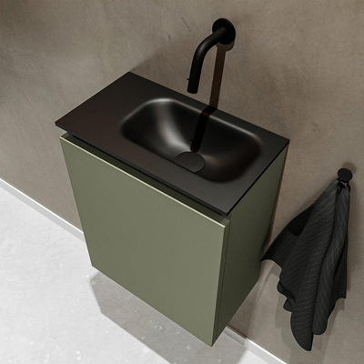 MONDIAZ TURE Fonteinset - 40x23x50cm - 0 kraangaten - 1 deur - army mat - Wasbak rechts - Solid Surface Zwart LICHT BESCHADIGD - OUTLET UDEN