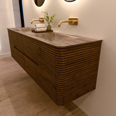 Mondiaz CIRO-DLUX Meuble de salle de bains - 160x45x50cm - plan-vasque Solid surface Oza - 2 bassins Double - sans trous de robinetterie - 4 tiroirs - Dusk