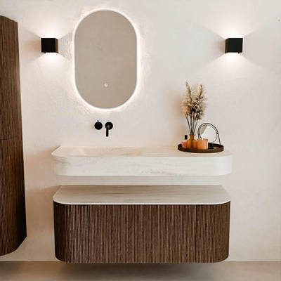 MONDIAZ THOR-DLUX Meuble de salle de bains 120cm arrondi gauche + droite couleur Walnut avec 1 tiroir et 2 portes. Vasque suspendue CLOUD Gauche sans trou de robinet couleur Meli.