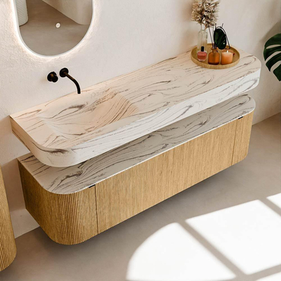 MONDIAZ THOR-DLUX 160cm badmeubel ronding links + rechts kleur Oak met 1 lade en 2 deuren. Vrijhangende wastafel CLOUD Links zonder kraangat kleur Nata.