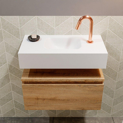 MONDIAZ ANDOR Toiletmeubel - 60x30x30cm - 1 kraangat - 1 lades - washed oak mat - wasbak midden - Solid surface - Wit