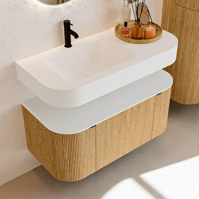 MONDIAZ THOR 100cm meuble de salle de bains arrondi gauche + droite couleur Oak avec 1 tiroir et 2 portes. Vasque suspendue CLOUD gauche 1 trou de robinet couleur Talc.