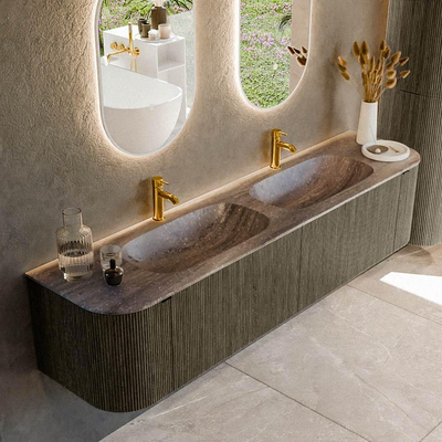 MONDIAZ KURVE-DLUX Meuble de salle de bains 190cm arrondi gauche + droite couleur Shadow avec 2 tiroirs et 2 portes. Vasque STOR SMALL Double 2 trous de robinet Oza.