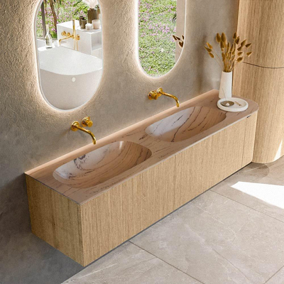 MONDIAZ KURVE-DLUX 175cm meuble de salle de bains arrondi Droite couleur Chêne avec 2 tiroirs et 1 porte. Lavabo STOR SMALL Double / Gauche sans trou de robinet Arena.