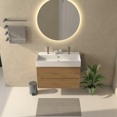Saniclass Holz Atelier Ensemble de meubles de salle de bains - 100x45x72cm - vasque Legend en céramique blanche - 1 vasque - 2 trous de robinetterie - 2 tiroirs - chêne natural mat (bois)