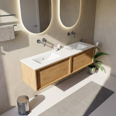 Saniclass Holz Frame Ensemble de meubles de salle de bains - 160x45x42cm - Lavabo Vygo en céramique blanc - 2 vasques - sans trous de robinetterie - 2 tiroirs - chêne natural mat (bois)