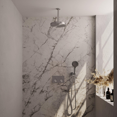 BRAUER Stripe Douche de tête thermostatique encastrée - boutons-poussoirs - pomme de douche 25cm - bras plafond - douchette 3 positions - flexible de douche - coude mural - finition PVD brossée couleur inox