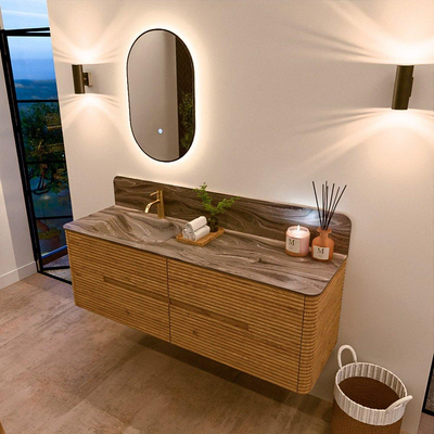 Mondiaz CIRO-DLUX Meuble de salle de bains - 150x45x50cm - Plan vasque solid surface Sombra - 1 lavabo à gauche - 1 trou de robinet - 4 tiroirs - Chêne