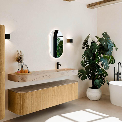 MONDIAZ THOR-DLUX 170cm meuble de salle de bains arrondi gauche + droite couleur Chêne avec 1 tiroir et 2 portes. Vasque suspendue CLOUD Droite 1 trou de robinet couleur Arena.