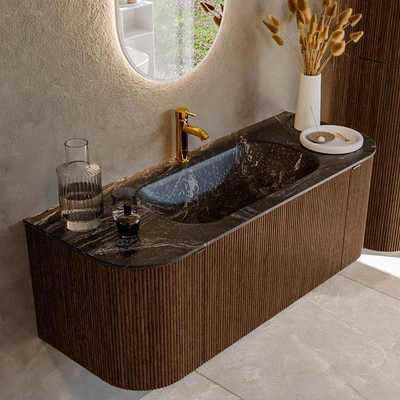 MONDIAZ KURVE-DLUX 120cm badmeubel met module 25 Len R kleur Walnut met 1 lade en 2 deuren. Wastafel BIG SMALL midden 1 kraangat kleur Lava.