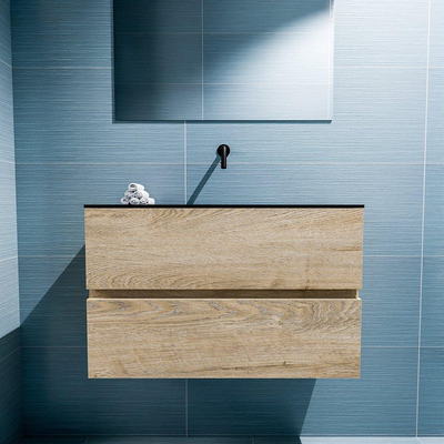 MONDIAZ ADA Meuble de toilettes - 80x30x50cm - 0 trous de robinet - 2 tiroirs - chêne blanchi mat - lavabo au centre - Solid surface - Noir