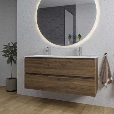 Saniclass Chaci Meuble de salle de bain - 120x46x55cm - lavabo en céramique blanc - 2 vasques ovales - 2 trous de robinet - 2 tiroirs - ronde miroir avec éclairage - noyer (hout)