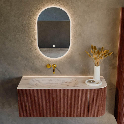 MONDIAZ KURVE-DLUX Meuble de salle de bains 115cm arrondi à droite couleur Ruby avec 1 tiroir et 1 porte. Lavabo BIG SMALL à gauche sans trou de robinet Nata.