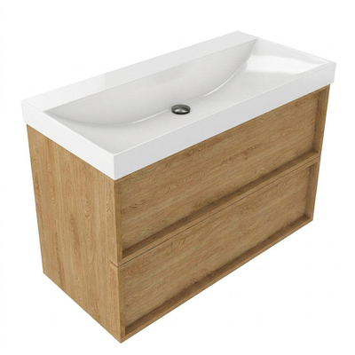Saniclass Holz Frame Ensemble meuble de salle de bains - 100x45x67.5cm - Wave lavabo en céramique - 1 vasque - sans trou de robinet - 2 tiroirs - chêne natural mat (bois)