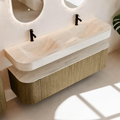 MONDIAZ THOR-DLUX 160cm badmeubel ronding links + rechts kleur Dusk met 1 lade en 2 deuren. Vrijhangende wastafel CLOUD Dubbel 2 kraangaten kleur Meli.