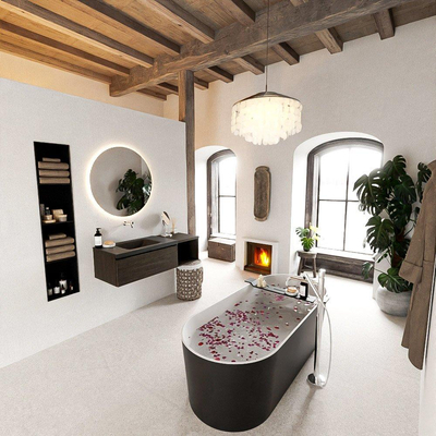 MONDIAZ BUKLA Meuble de salle de bains 120 cm avec module ouvert 40 couleur Dark Brown avec 1 tiroir. Lavabo CLOUD gauche 0 trous de robinet couleur Urban.