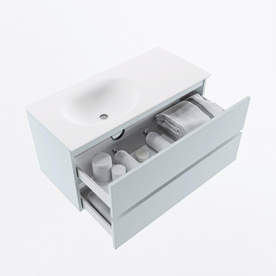 Mondiaz VICA ensemble de meuble de salle de bain - 100cm - meuble sous-vasque argile - 2 tiroirs - lavabo lune gauche - 1 trou de robinet - version haute 60cm - talc