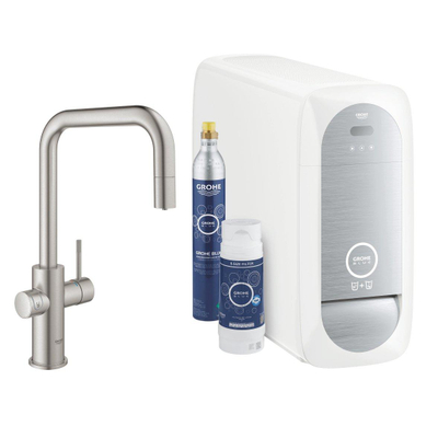 Grohe Blue Home Keukenkraan - uittrekbare u uitloop - 1 gats - filterfunctie - plat licht en bruisend water - Brushed Supersteel (RVS)