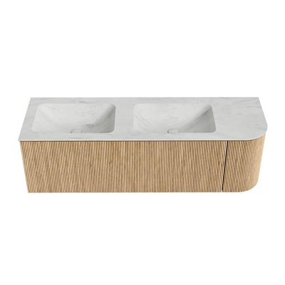 MONDIAZ KURVE-DLUX 145cm Meuble salle de bain avec module 25 D - couleur Oak - 1 tiroir - 1 porte - vasque LEAF double / gauche - sans trou de robinet - couleur Opalo