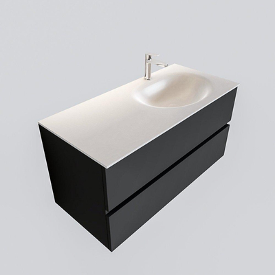 ENSEMBLE DE MEUBLE MONDIAZ VICA - 100cm - 2 tiroirs - lavabo Moon à droite - 1 trou de robinet - solid surface gris foncé