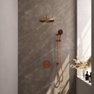 BRAUER Copper Carving douche de pluie encastrée thermostatique - 3 voies - rond - set 94 - pomme de douche 30cm - bras mural courbé - douchette 3 jets - flexible de douche - barre de douche intégrée - cuivre brossé PVD