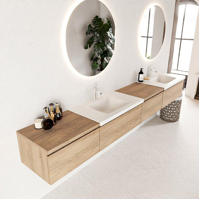 MONDIAZ BUKLA 280cm ensemble de meuble avec module 60 à droite couleur Chêne blanchi avec 4 tiroirs. Lavabo CLOUD double 2 trous de robinet couleur Talc.