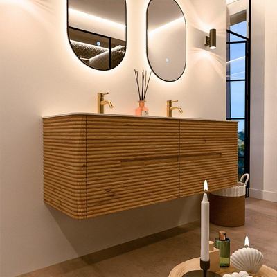 Mondiaz CIRO-DLUX Badkamermeubelset - 140x45x50cm - Solid surface wastafel Meli - 2 wasbak Dubbel - 2 kraangaten - 4 lades - Oak
