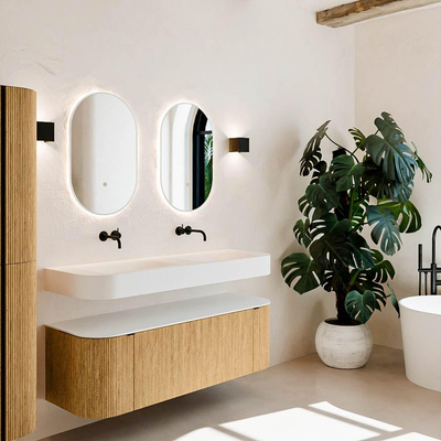 MONDIAZ THOR 140cm meuble de salle de bains arrondi gauche + droite couleur Oak avec 1 tiroir et 2 portes. Vasque suspendue CLOUD Double sans trou de robinet couleur Talc.