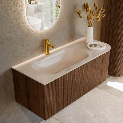 MONDIAZ KURVE-DLUX Meuble de salle de bains 115cm arrondi Droite couleur Walnut avec 1 tiroir et 1 porte. Lavabo BIG SMALL Gauche 1 trou de robinet Meli.