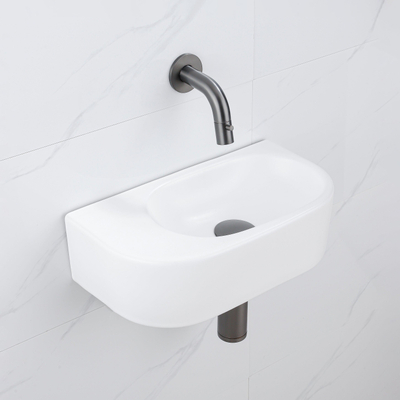 QeramiQ Fuente Ensemble de Lavabo - 40x21.5x12cm - lisse - demi-rond - céramique - ensemble de robinet gunmetal - bouchon de vidange - siphon abaissé - blanc mat