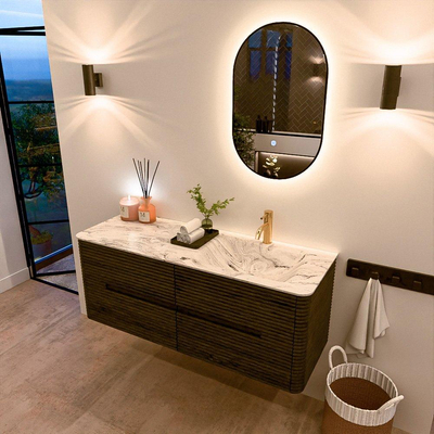 Mondiaz CIRO-DLUX Meuble de salle de bains - 130x45x50cm - Plan vasque solid surface Glace - 1 lavabo à droite - 1 trou de robinetterie - 4 tiroirs - Shadow