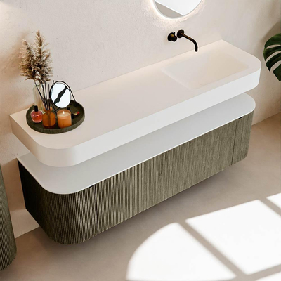 MONDIAZ THOR Meuble de salle de bains 160cm arrondi gauche + droite couleur Shadow avec 1 tiroir et 2 portes. Vasque suspendue CLOUD Droite sans trou de robinet couleur Talc.