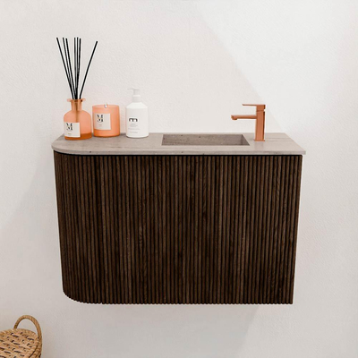 Mondiaz JOYA-DLUX 61.6cm toiletmeubel - ronding links kleur Walnut - Wastafel FAYE positie Rechts 1 kraangat kleur Saba.