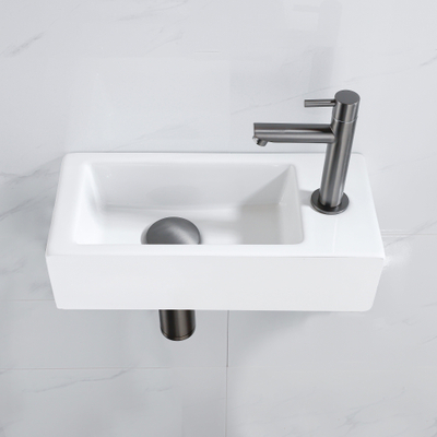 QeramiQ Lave-mains Kit lave-mains - 37.5x18.5x9cm - céramique - trou de robinet à droite - robinet lave-mains gunmetal - bonde de vidage - siphon abaissé - Mat blanc