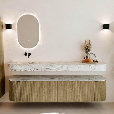 MONDIAZ THOR-DLUX Meuble de salle de bains 190cm arrondi gauche + droite couleur Dusk avec 2 tiroirs et 2 portes. Vasque suspendue CLOUD Gauche sans trou de robinet couleur Glace.