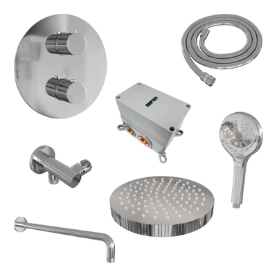 BRAUER Stripe Thermostatische Inbouw Regendouche - 3-weg - rond - SET 41 - 25cm douchekop - gebogen muurarm - 3-standen handdouche - doucheslang - wandaansluitbocht - chroom