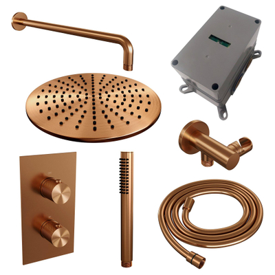 Brauer Copper Carving Douche pluie thermostatique avec pommeau 30cm et bras mural courbé 40cm et douchette Stylo 1 jet flexible lisse avec coude mural Cuivre brossé PVD