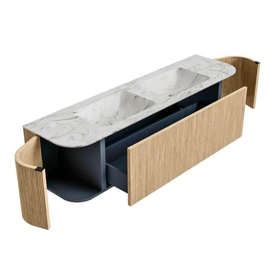 MONDIAZ KURVE-DLUX 170cm badmeubel met module 25 Len R kleur Oak met 1 lade en 2 deuren. Wastafel LEAF dubbel zonder kraangat kleur Glace.