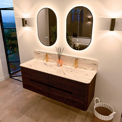 Mondiaz CIRO-DLUX Meuble de salle de bains - 140x45x50cm - Plan vasque solid surface Nata - 2 vasques double - 2 trous de robinetterie - 4 tiroirs - Noyer