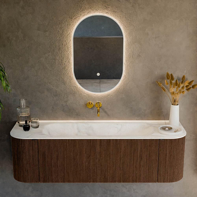 MONDIAZ KURVE-DLUX 150cm badmeubel met module 25 Len R kleur Walnut met 1 lade en 2 deuren. Wastafel BIG MEDIUM midden zonder kraangat kleur Ostra.