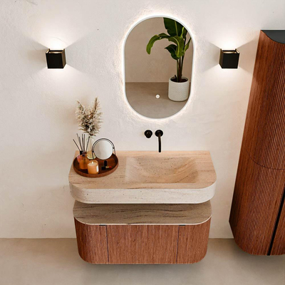 MONDIAZ THOR-DLUX 100cm meuble de salle de bains arrondi gauche + droite couleur Ruby avec 1 tiroir et 2 portes. Vasque suspendue CLOUD Droite sans trou de robinet couleur Saba.