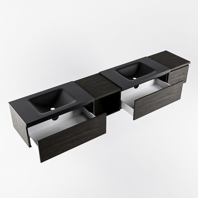 MONDIAZ BUKLA 240cm ensemble de meuble avec module ouvert 40 gauche couleur Marron Foncé avec 3 tiroirs. Lavabo CLOUD double 2 trous de robinet couleur Urban.