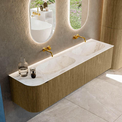 Mondiaz KURVE-DLUX Ensemble de meuble salle de bain - 175x46x40cm - 2 tiroirs - 1 porte - lavabo en solid surface - double / droite - sans trou de robinet - Dusk