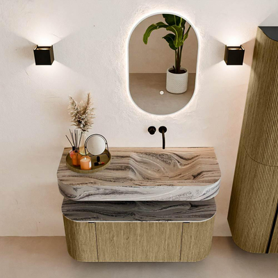 MONDIAZ THOR-DLUX Meuble de salle de bains 110cm arrondi gauche + droite couleur Dusk avec 1 tiroir et 2 portes. Vasque suspendue CLOUD Droite sans trou de robinet couleur Sombra.