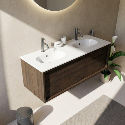 Saniclass Holz Frame Ensemble meuble de salle de bains - 120x45x54cm - Vasque en céramique Chaci blanche - 2 vasques - 2 trous de robinetterie - 1 tiroir - chêne charcoal mat (bois)