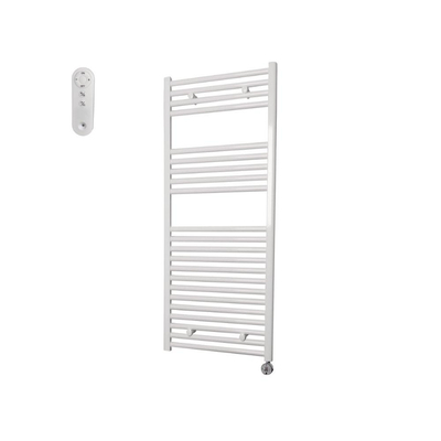 Sanicare HVS Elektrische Radiator - 111.8x45cm - 596W - met afstandsbediening - thermostaat - chroom - rechtsonder - mat wit