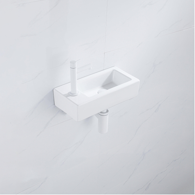 QeramiQ Fuente pack lave-mains – 37,5 x 18,5 x 9 cm – céramique blanc brillant – perçage à gauche – robinet blanc mat