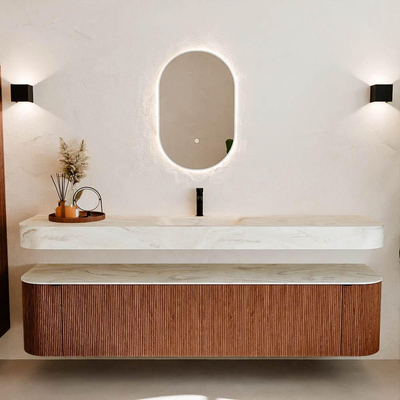 MONDIAZ THOR-DLUX 200cm meuble de salle de bains arrondi gauche + droite couleur Ruby avec 2 tiroirs et 2 portes. Vasque suspendue CLOUD Milieu 1 trou de robinet couleur Ostra.