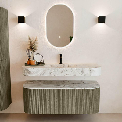 MONDIAZ THOR-DLUX 120cm meuble de salle de bains arrondi gauche + droite couleur Shadow avec 1 tiroir et 2 portes. Vasque suspendue CLOUD Milieu 1 trou de robinet couleur Glace.