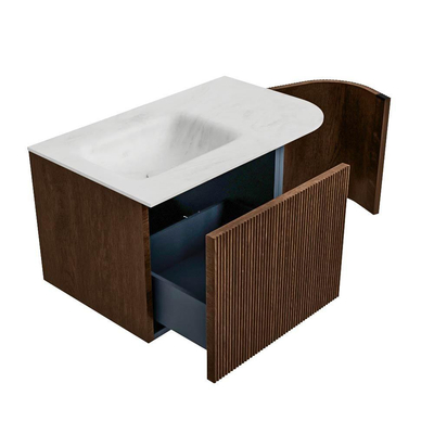 MONDIAZ KURVE-DLUX Meuble de salle de bains 75cm avec module 25 R couleur Walnut avec 1 tiroir et 1 porte. Lavabo GRUNNE gauche 1 trou de robinet couleur Opalo.